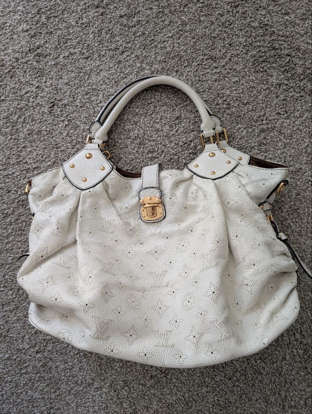 Large White Monogrammed Gold Hardware Hobo Shoulder Bag